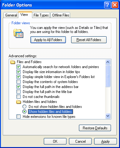 Folder Options - Show hidden files and folders
