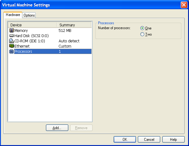 VMware Settings 1 CPU